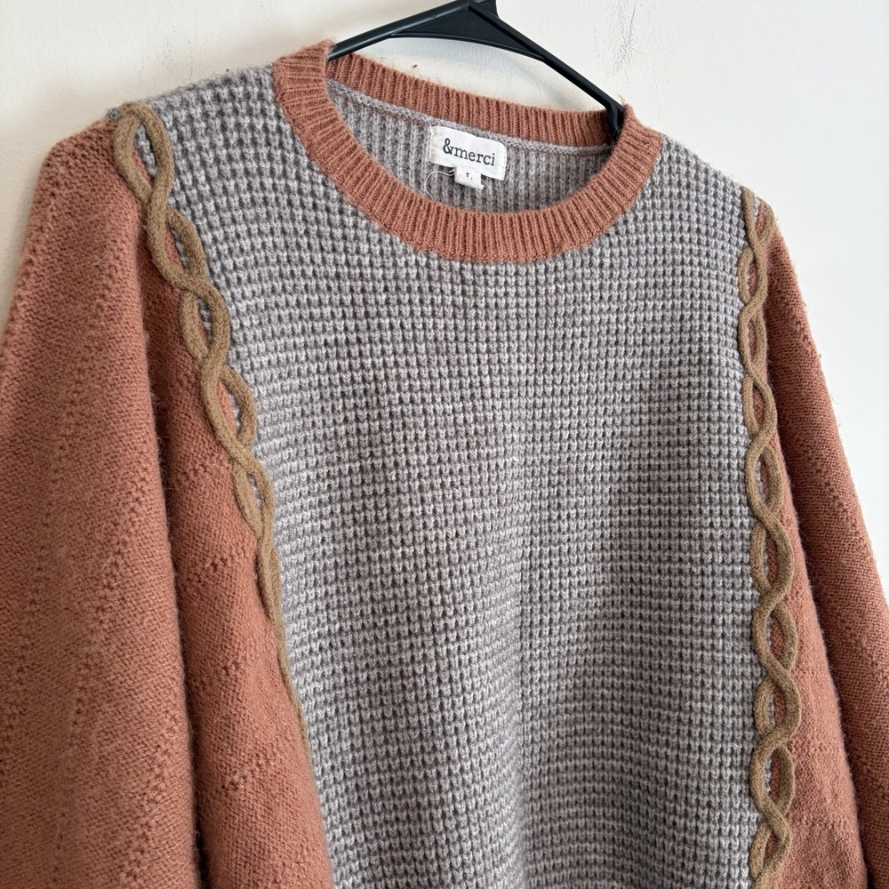 & Merci Colorblock Cropped Sweater Dolman Puff Sleeve Large Grandpacore Neutral - Picture 3 of 7